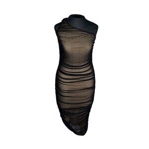 Black Mesh Ruched One-Shoulder Midi Dress By Lulus Size L